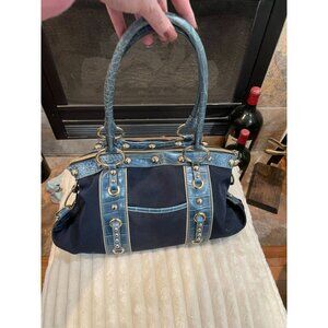 B314 - Kathy Van Zeeland navy blue shoulder bag with blue faux-crocodile trim, c